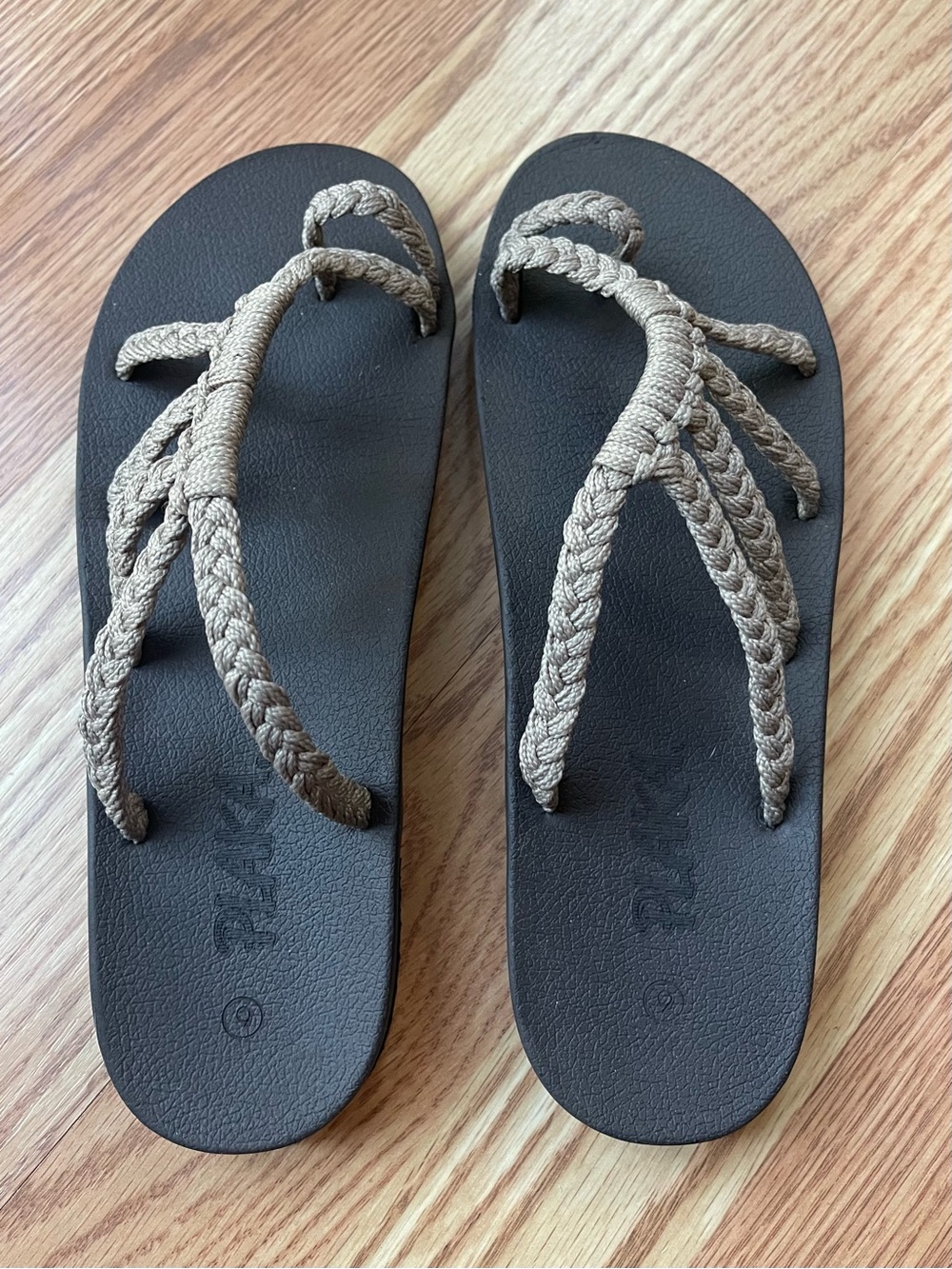 Braided Taupe-Strap Women's Flip Flop Sandals on Black Footbed
